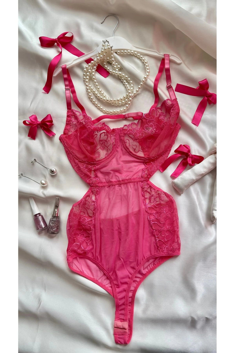 Sohadid Amour Lace Dantel Detaylı Bodysuit – Pembe