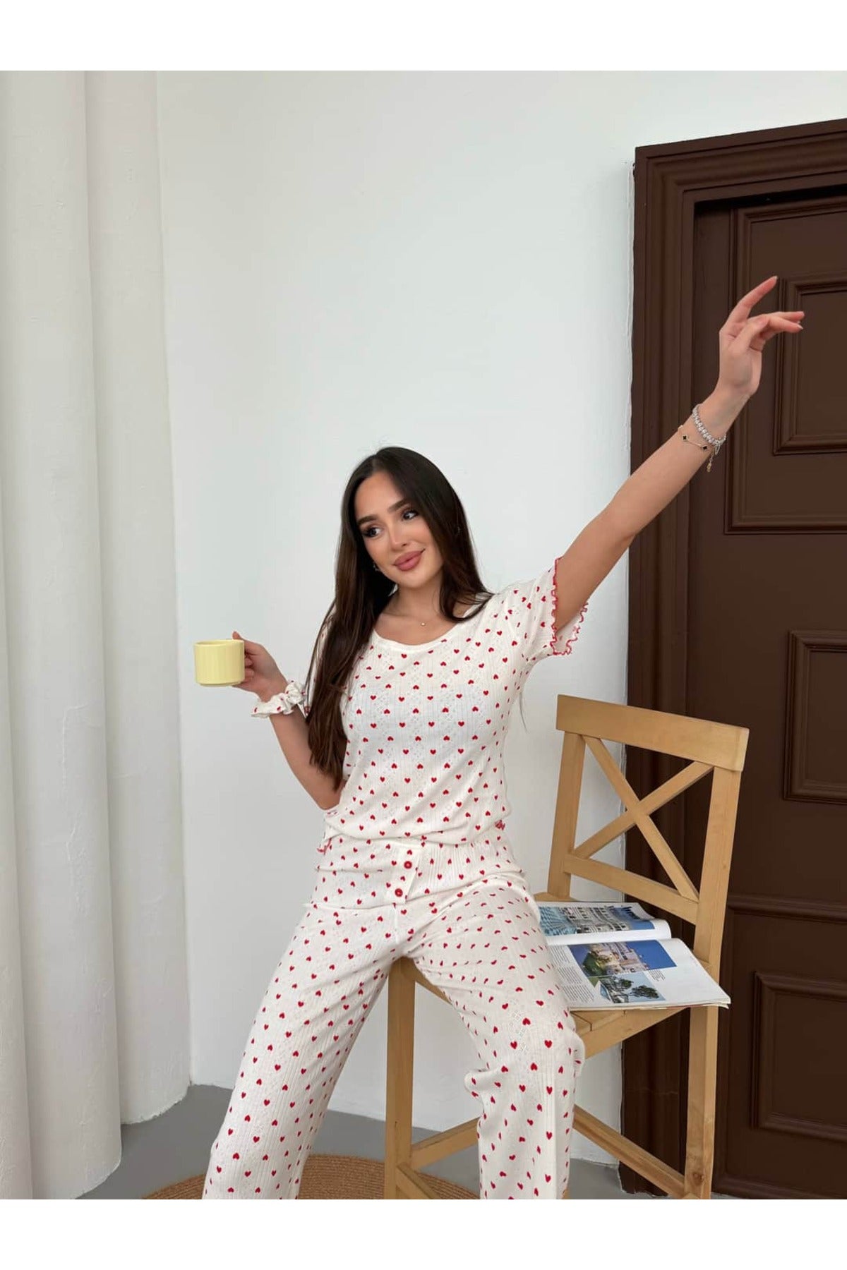 Sohadid Kadın %100 Pamuk Kısa Kollu Pijama Takımı – Beyaz – ürün görünümü 5