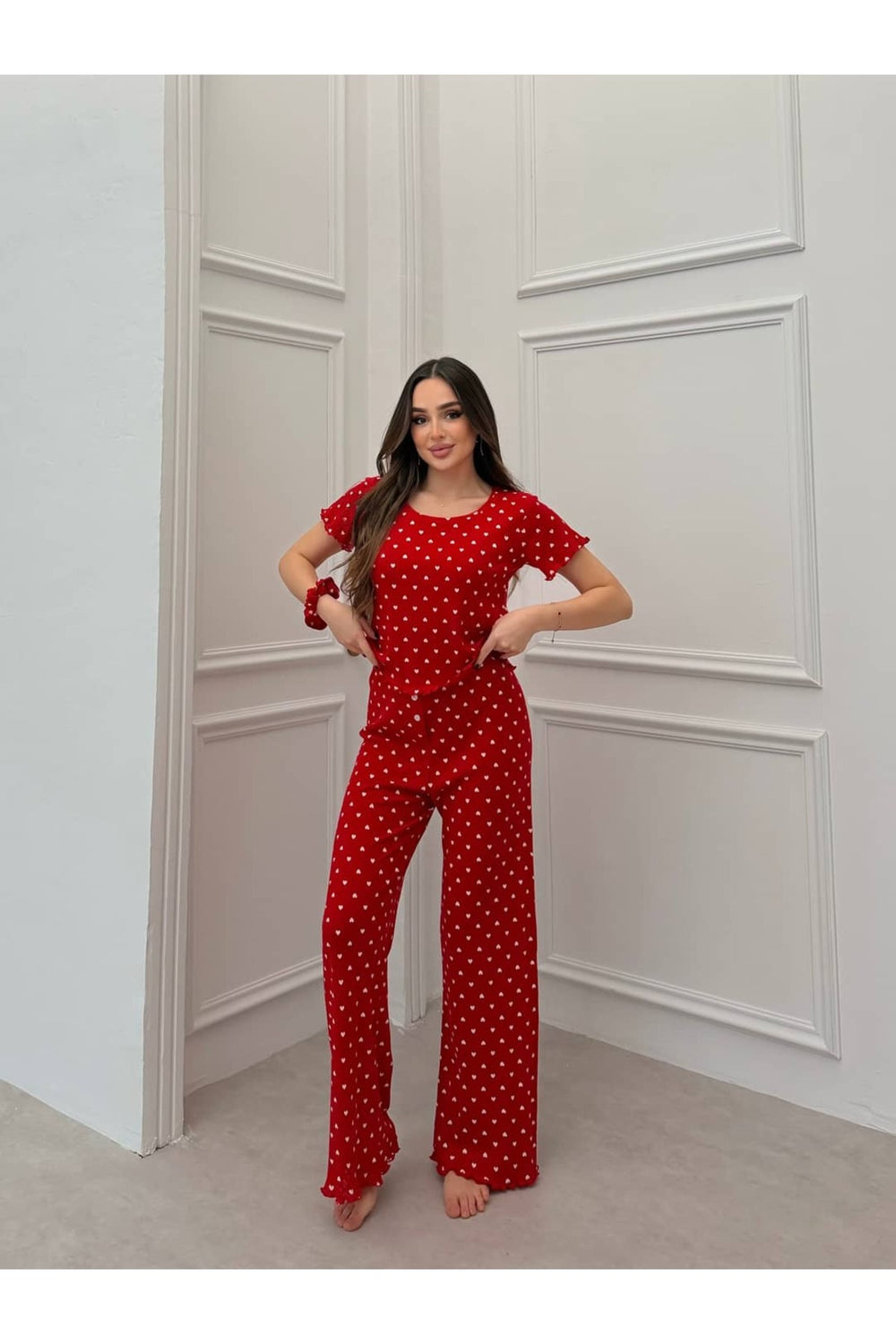 Sohadid Kadın %100 Pamuk Kısa Kollu Pijama Takımı – Kırmızı