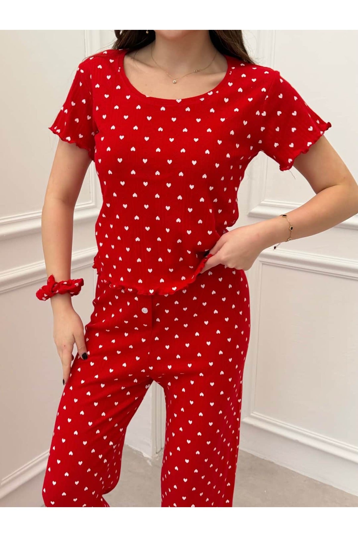 Sohadid Kadın %100 Pamuk Kısa Kollu Pijama Takımı – Kırmızı – ürün görünümü 2