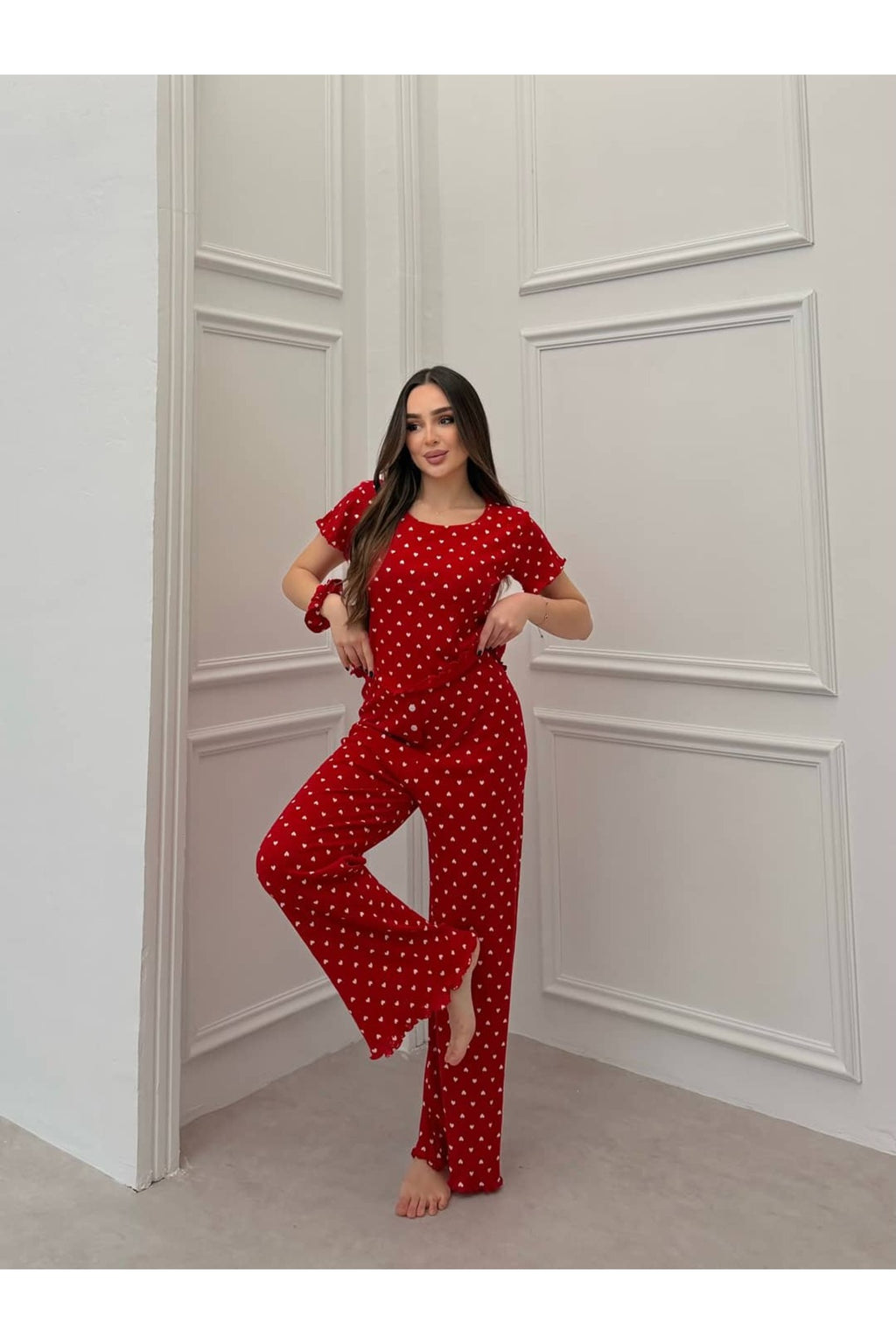 Sohadid Kadın %100 Pamuk Kısa Kollu Pijama Takımı – Kırmızı – ürün görünümü 4