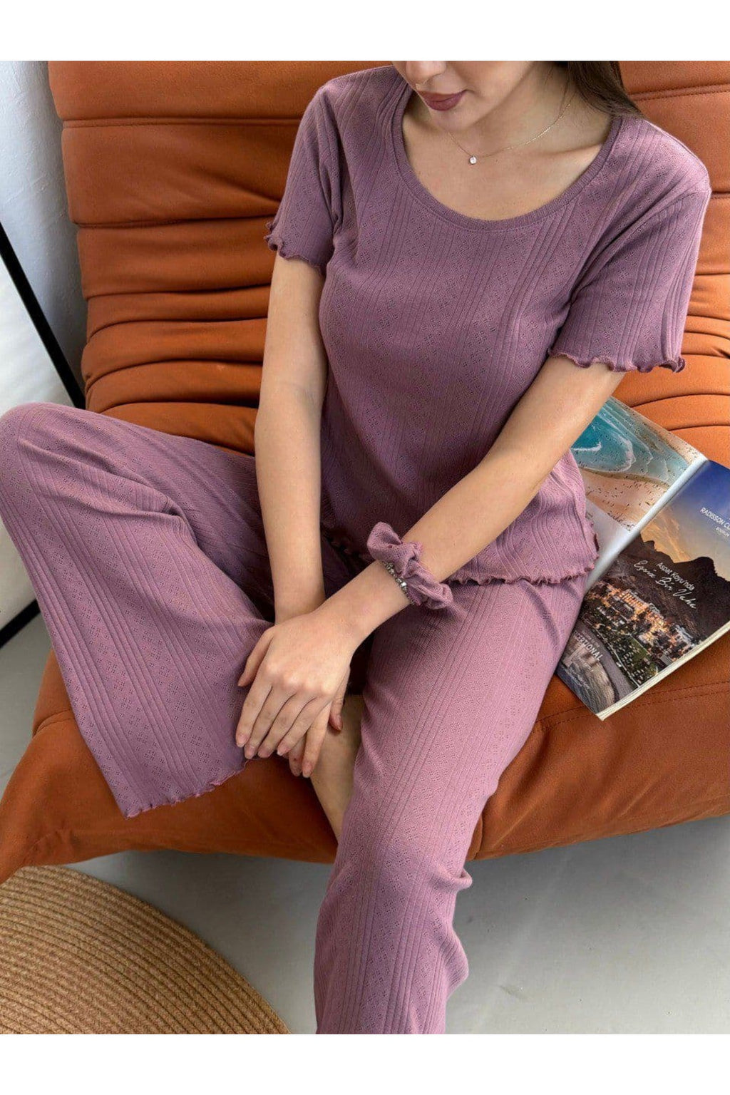 Sohadid Kadın %100 Pamuk Kısa Kollu Pijama Takımı – Mürdüm Gül Kurusu – ürün görünümü 3