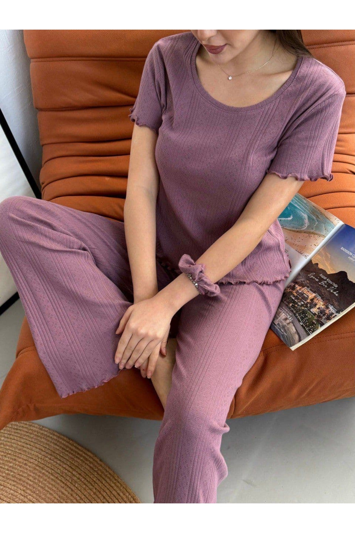 Sohadid Kadın %100 Pamuk Kısa Kollu Pijama Takımı – Mürdüm Gül Kurusu – ürün görünümü 3