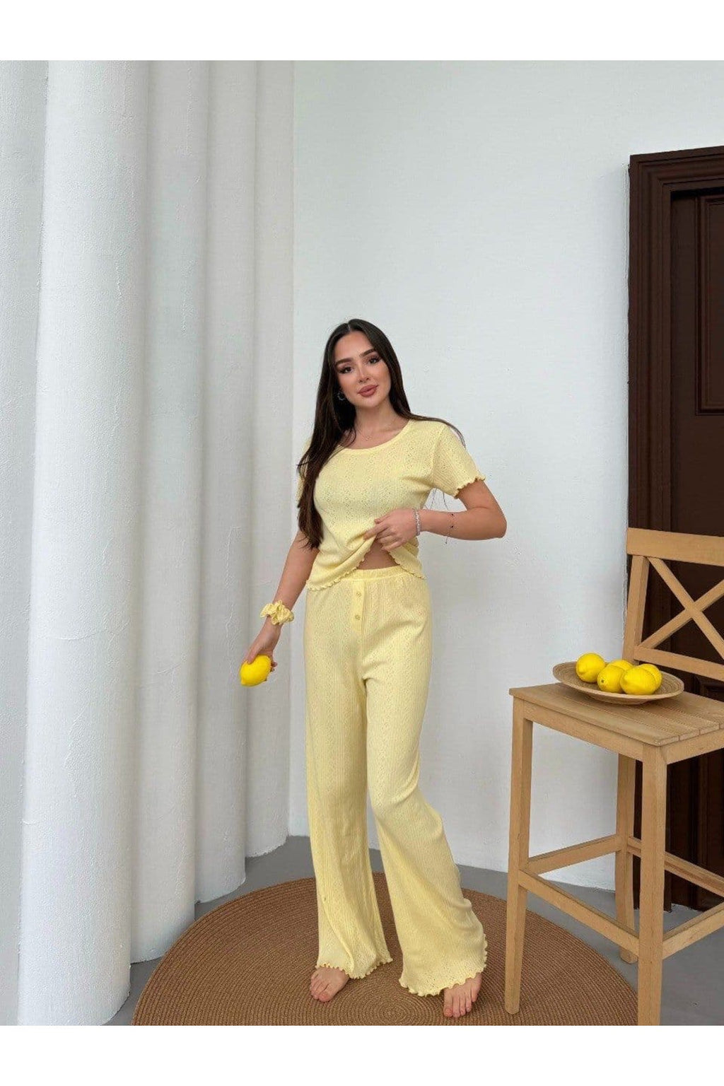 Sohadid Kadın %100 Pamuk Kısa Kollu Pijama Takımı – Sarı – ürün görünümü 2