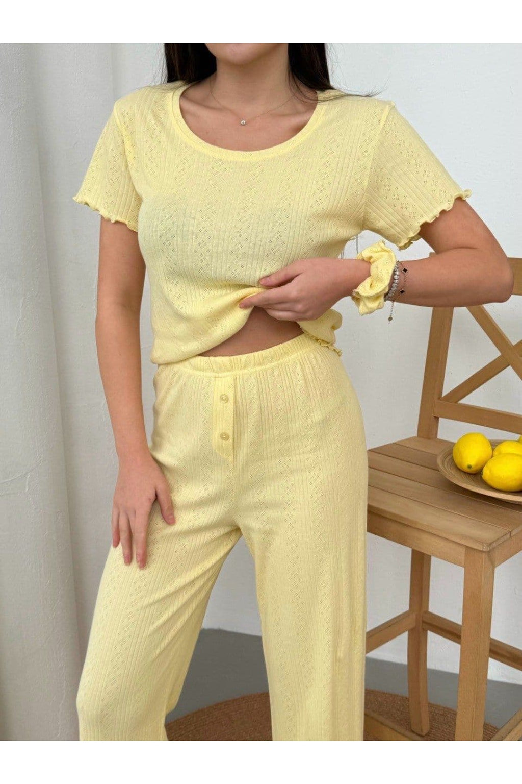 Sohadid Kadın %100 Pamuk Kısa Kollu Pijama Takımı – Sarı – ürün görünümü 3