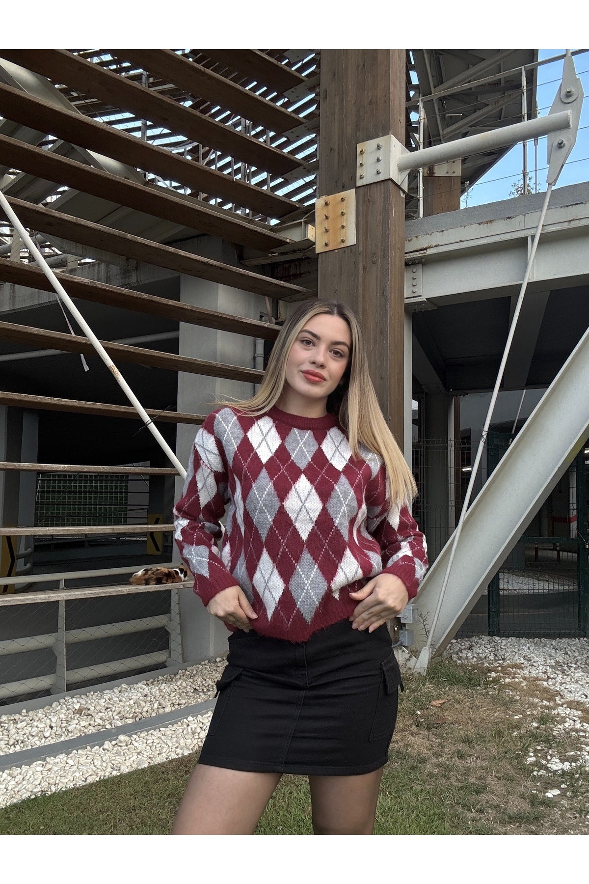 Sohadid Kadın Bisiklet Yaka Oversize Triko Kazak – Bordo – ürün görünümü 1