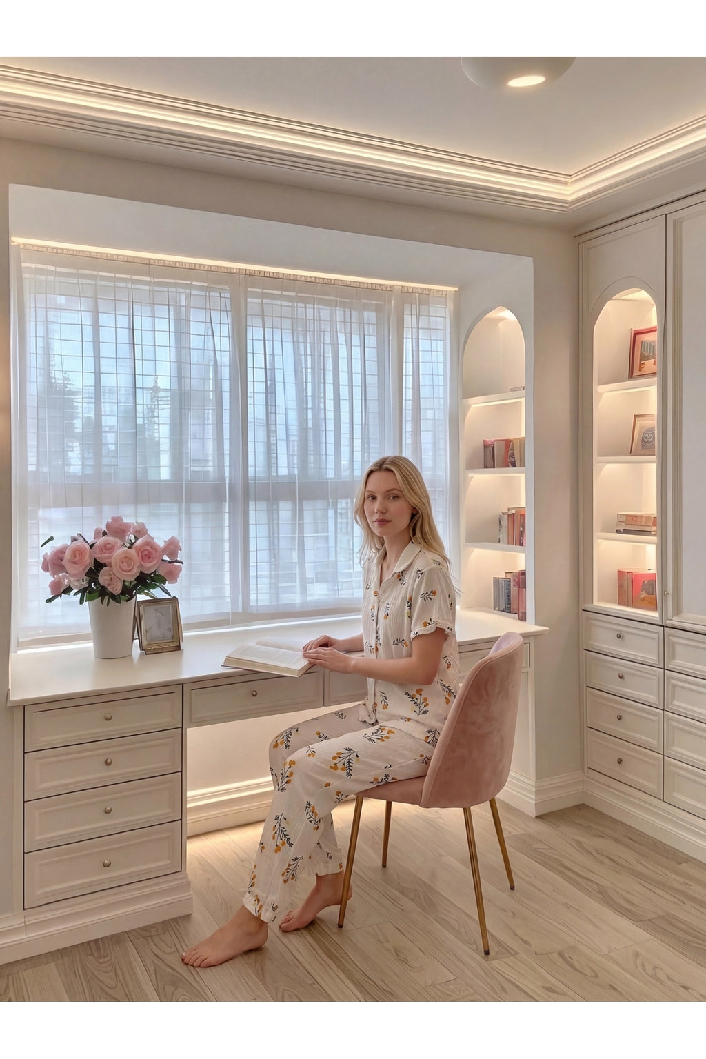 Sohadid Kadın Çiçek Baskılı Düğmeli Pijama Takımı – Beyaz Sarı – ürün görünümü 5