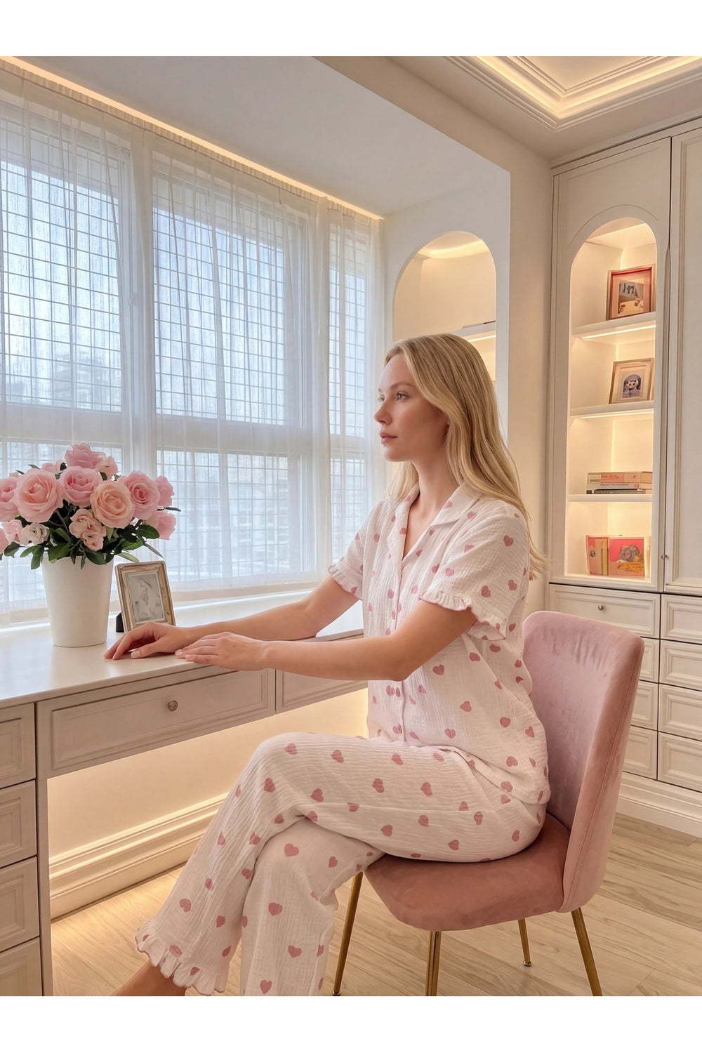 Sohadid Kadın Çiçek Baskılı Düğmeli Pijama Takımı – Beyaz Toz Pembe