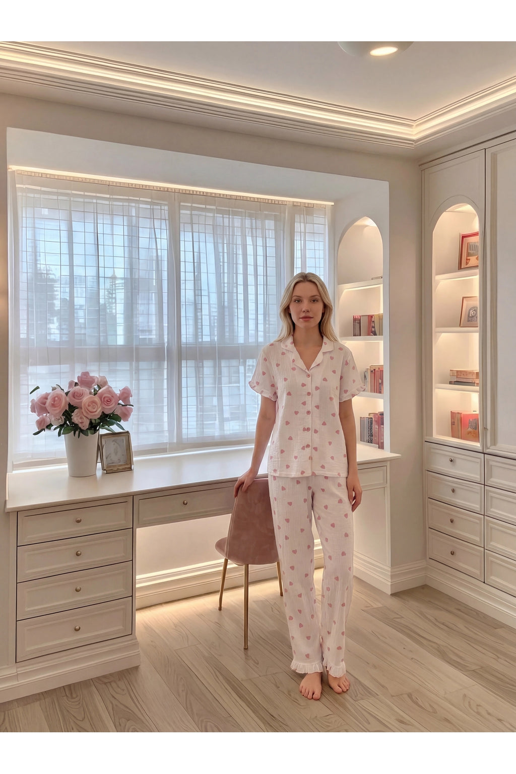 Sohadid Kadın Çiçek Baskılı Düğmeli Pijama Takımı – Beyaz Toz Pembe – ürün görünümü 4