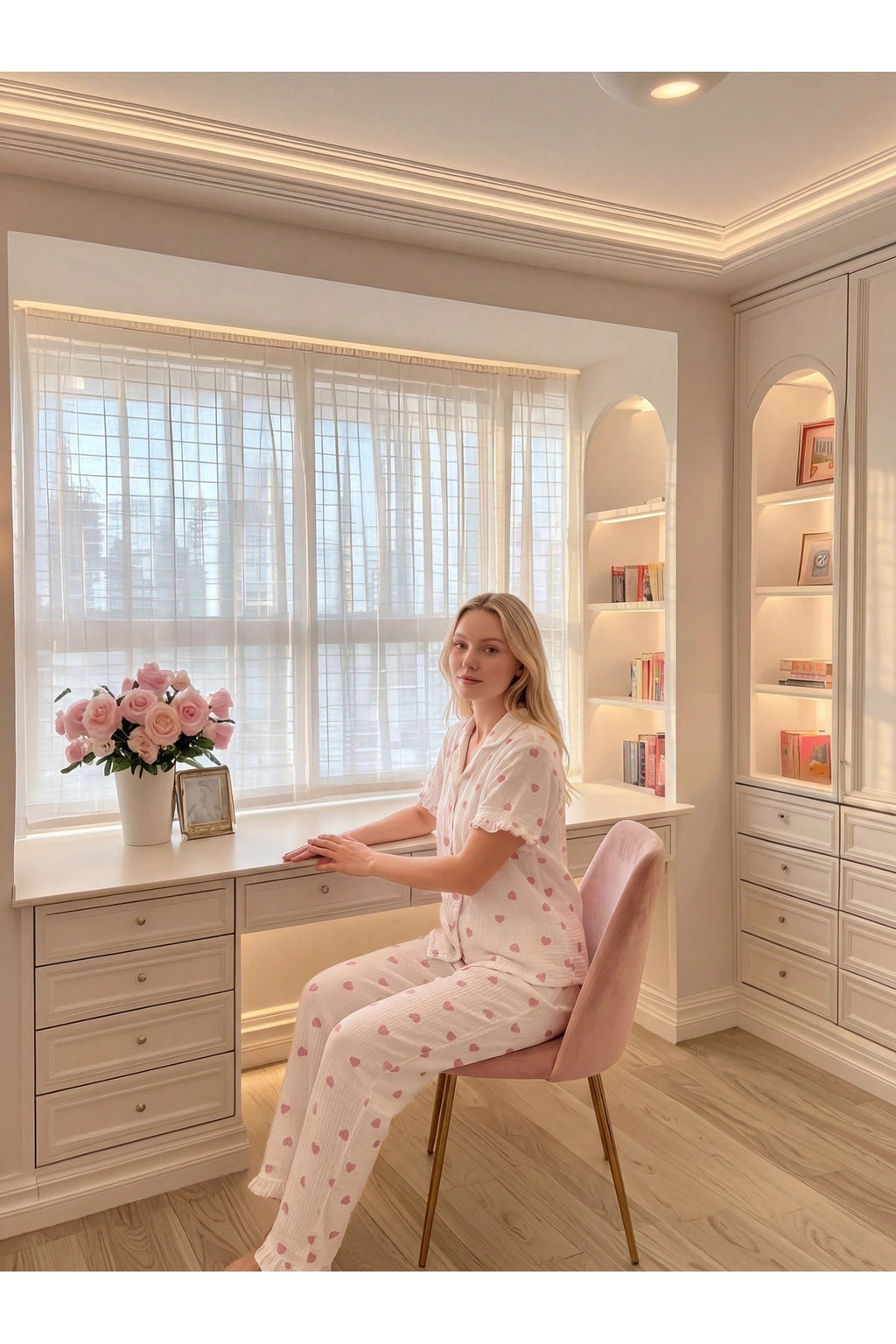 Sohadid Kadın Çiçek Baskılı Düğmeli Pijama Takımı – Beyaz Toz Pembe – ürün görünümü 5
