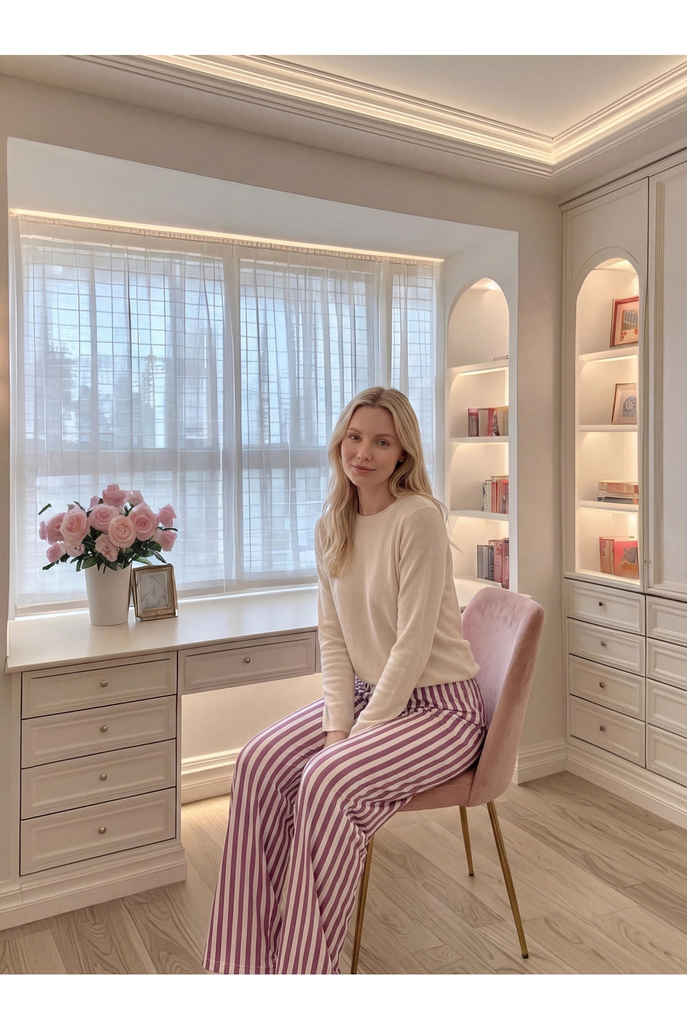Sohadid Kadın Desenli Pamuklu Pijama Altı – Pembe Beyaz