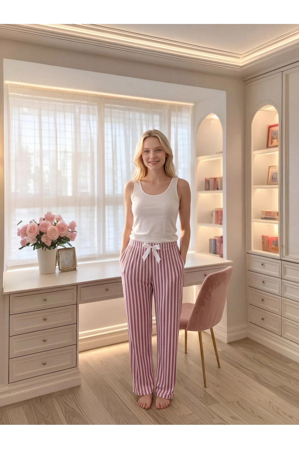 Sohadid Kadın Desenli Pamuklu Pijama Altı – Pembe Beyaz – ürün görünümü 2