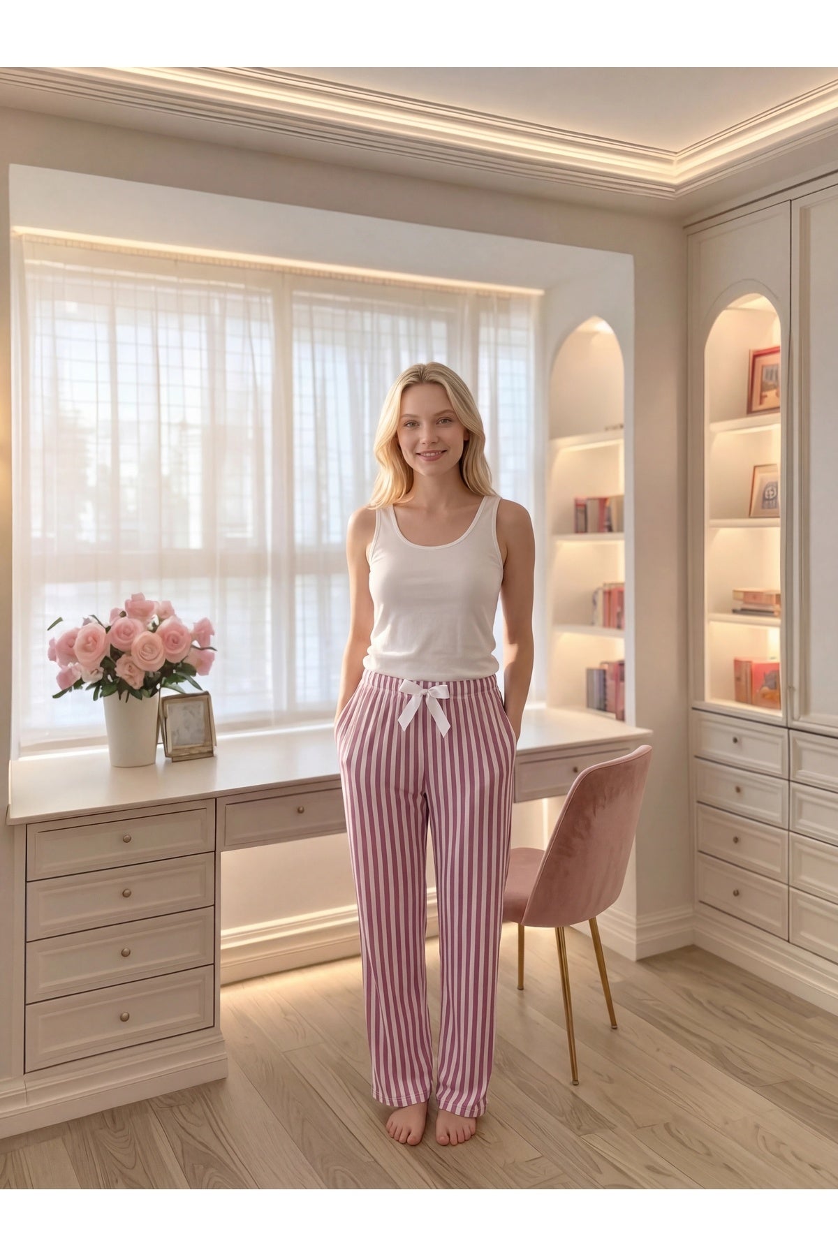 Sohadid Kadın Desenli Pamuklu Pijama Altı – Pembe Beyaz – ürün görünümü 2