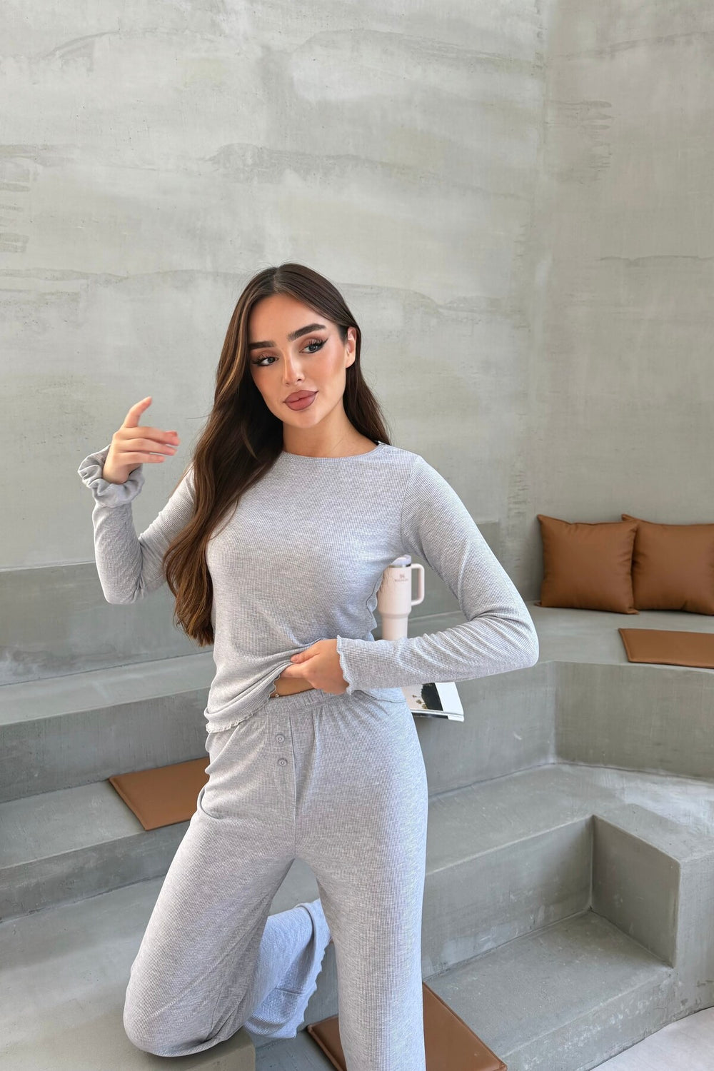 Sohadid Kadın Fitilli Pijama Takımı – Gri