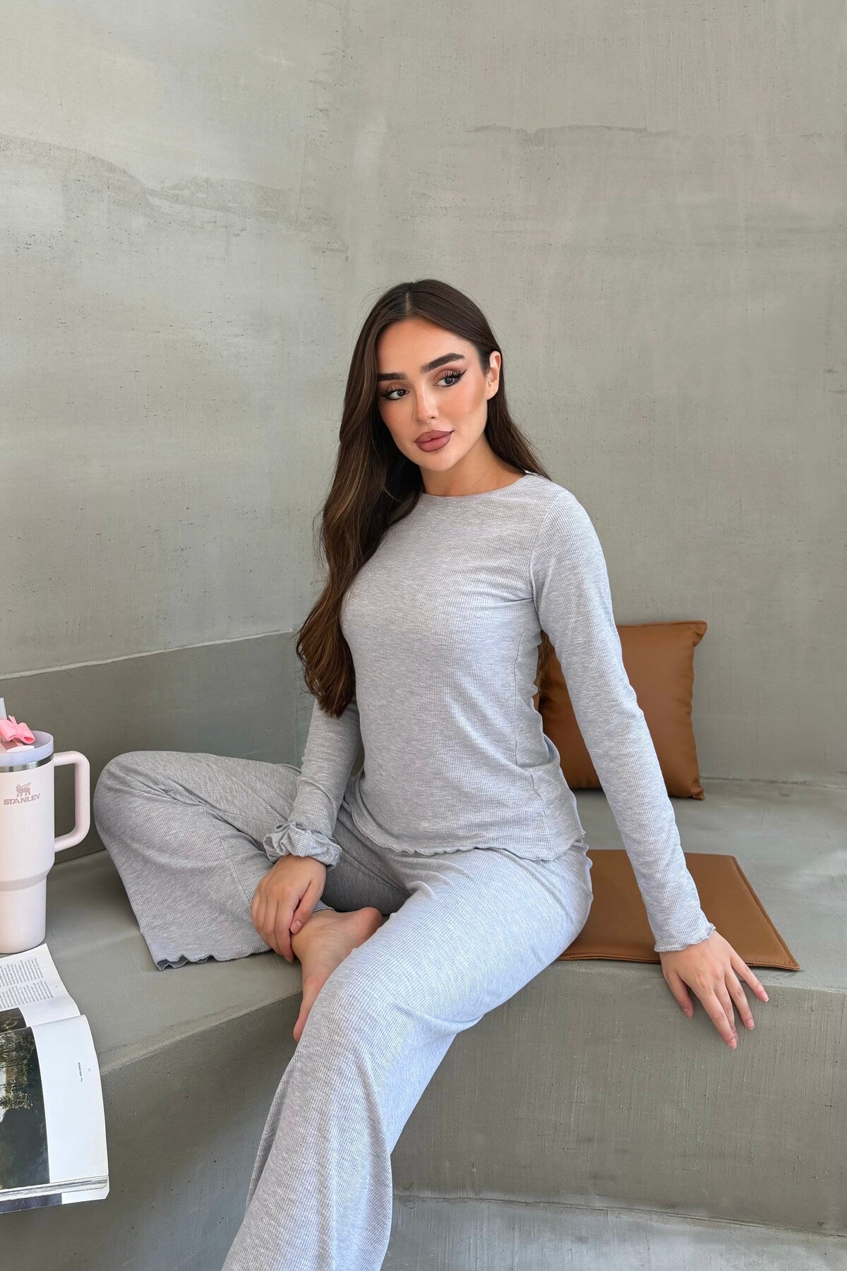 Sohadid Kadın Fitilli Pijama Takımı – Gri – ürün görünümü 5