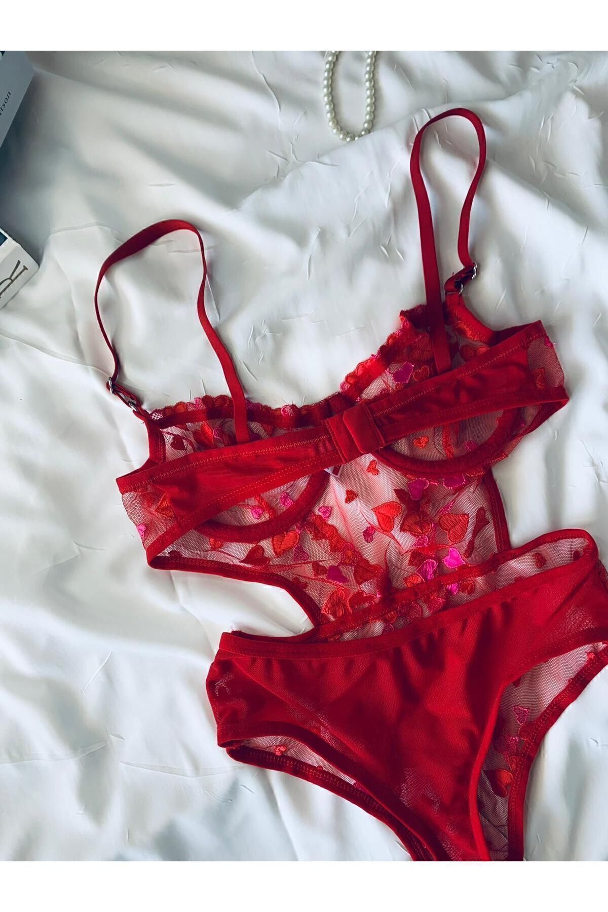 Sohadid Kadın Kalpli Brode Balenli Bodysuit – Kırmızı – ürün görünümü 5