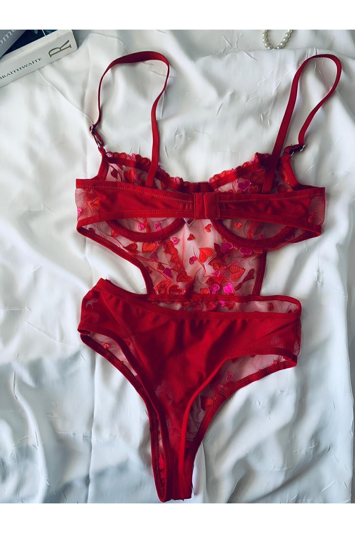 Sohadid Kadın Kalpli Brode Balenli Bodysuit – Kırmızı – ürün görünümü 6