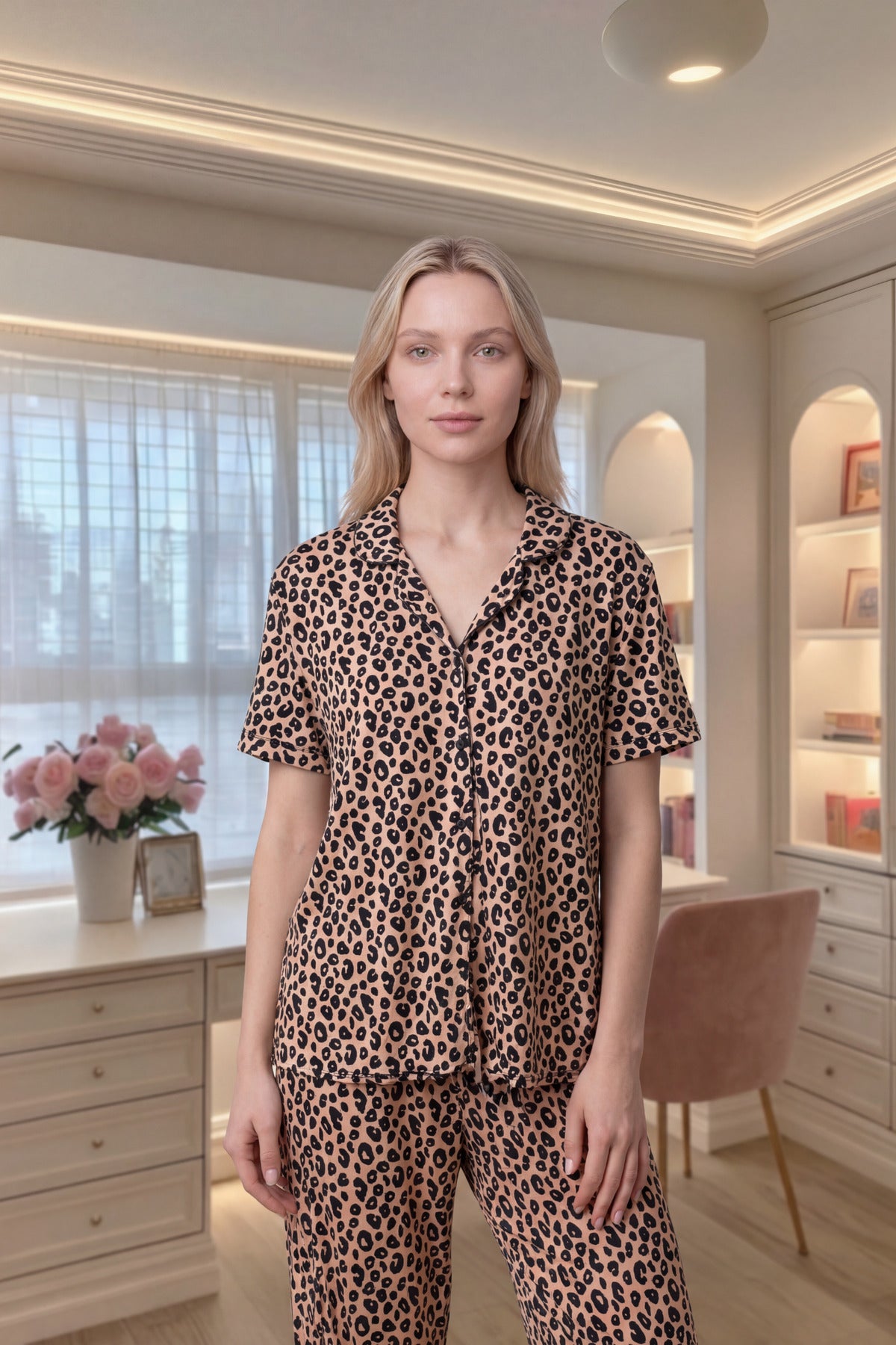 Sohadid Kadın Leopar Desenli Düğmeli Pijama Takımı – Kahverengi – ürün görünümü 6