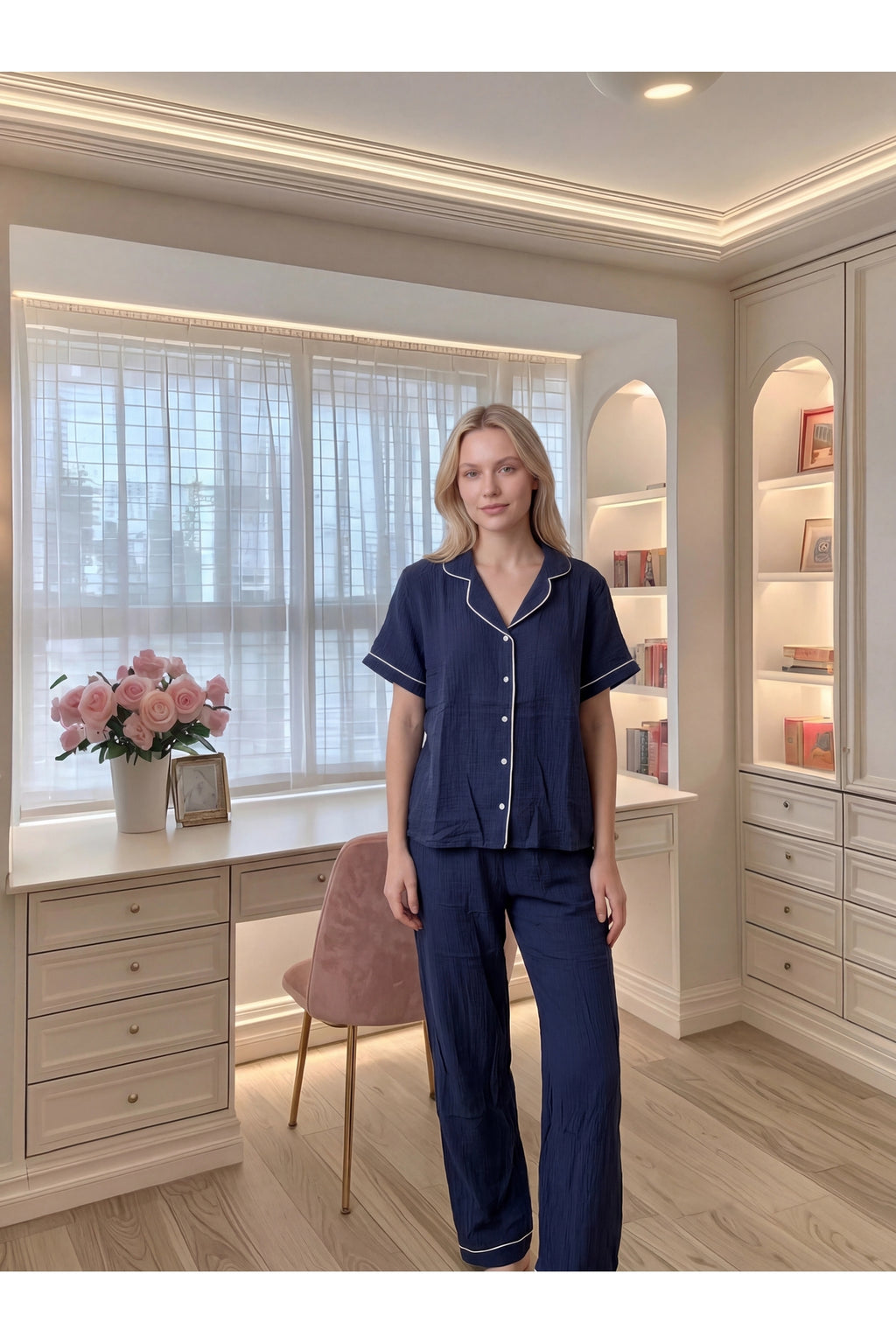 Sohadid Kadın Pamuk Karışımlı Düğmeli Pijama Takımı – Lacivert – ürün görünümü 6