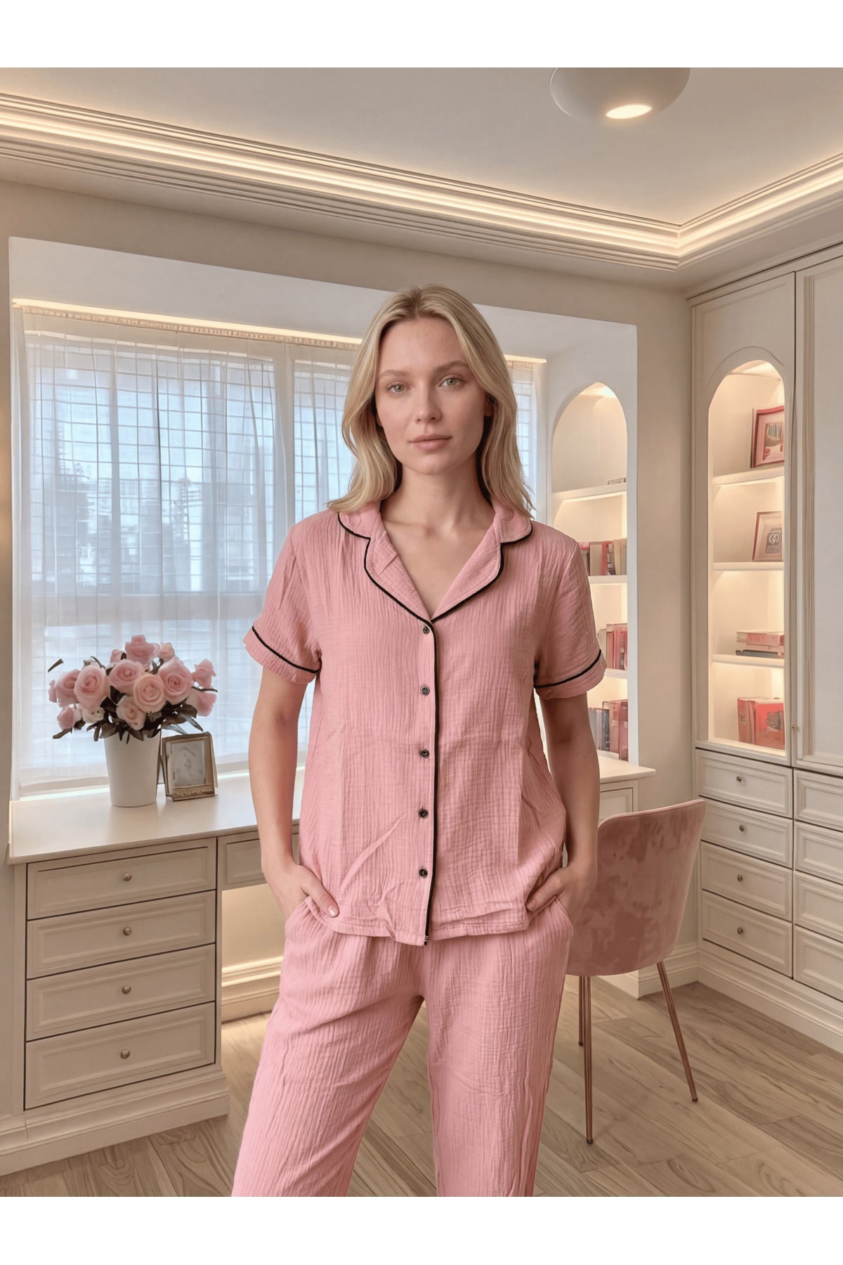 Sohadid Kadın Çiçek Desenli Pamuk Karışımlı Pijama Takımı – Krem – ürün görünümü 3