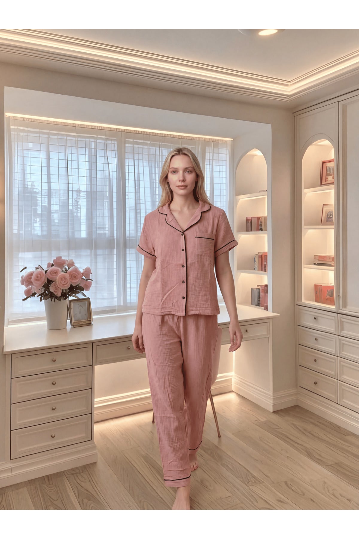 Sohadid Kadın Pamuk Karışımlı Düğmeli Pijama Takımı – Pembe – ürün görünümü 6